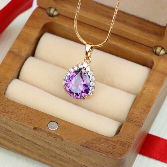 "Teardrop Purple Pendant with Crystal Halo in Elegant Rose Gold Finish, XPPT1615 - Picture 3 of 13